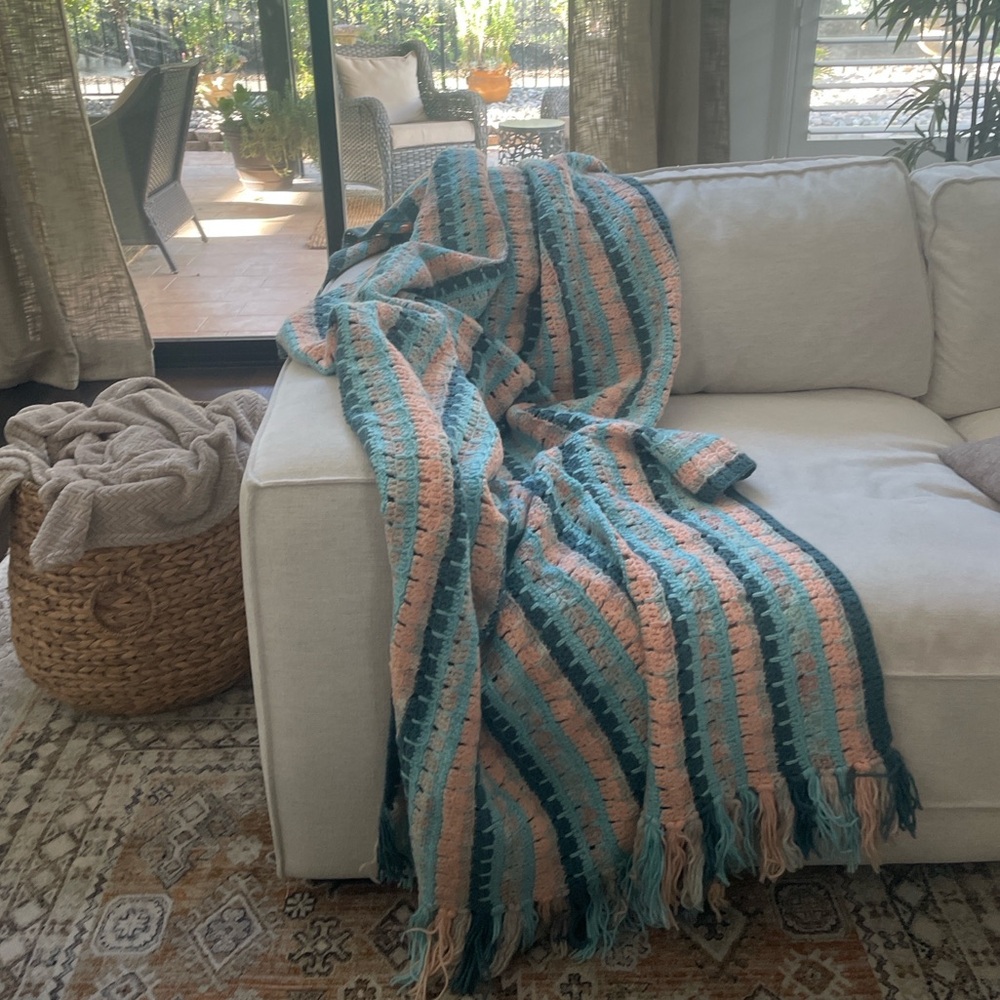 Handmade Crochet Afghan Throw Blanket 110x44 Aqua Peach Striped Fringe Boho